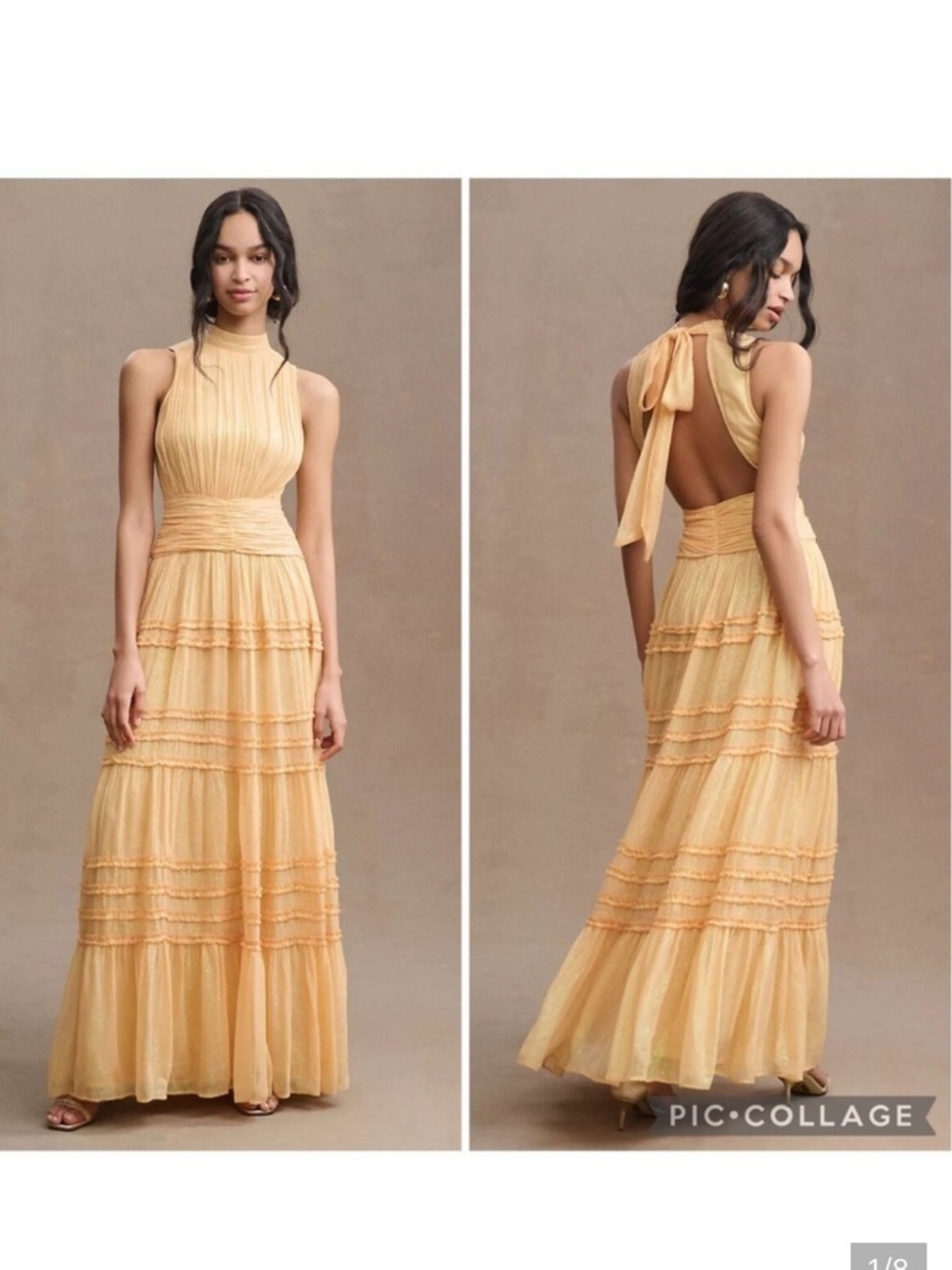 BHLDN Juniper Halter Tiered Maxi Dress in Pale Yellow, size 6